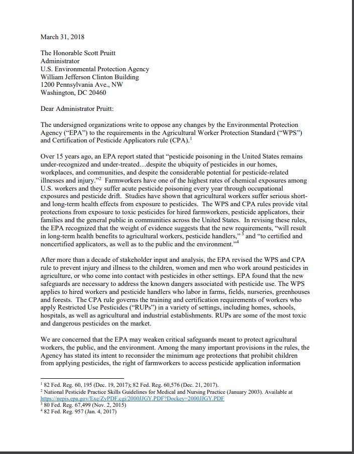 Coalition Letter to EPA Administrator Scott Pruitt re Pesticide Safety Standards