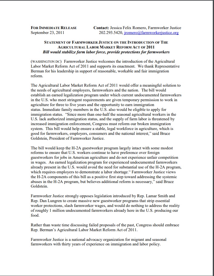 Statement of Farmworker Justice on the Introduction of the Agricultural Labor Market Reform Act