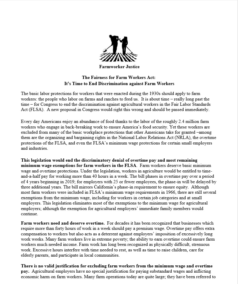 Fact Sheet on the Fairness to Farmworkers Act